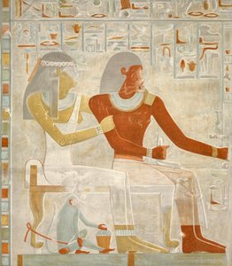 Illustration of the fresco Paheri and his wife Henut-er-neheh from the tomb of Paheri in El Kab, Egypt, image published in 1895