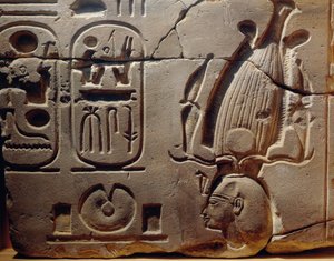 Egypt, Luxor, Ancient Thebes, Assasif Valley, fragment of relief depicting Ramses II and cartouches