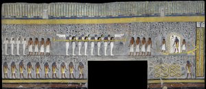 Egypt, Thebes, Luxor, Valley of the Kings, Tomb of Ramses I, mural painting of Ra in solar bark in burial chamber from 19th dynasty by Egyptian 19th Dynasty