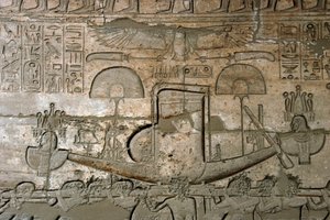 Reliefs Representing the Procession of the Sacred Boat, Memorial Temple Dedicated to Pharaoh Ramses II, Ramasseum Site, Luxor, Egypt by Egyptian 19th Dynasty