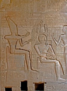 Egyptian Antiquities: Detail of the Reliefs Representing Ramses II Crown and Blessed by the Divinity of Seshat Scripture, Memorial Temple Dedicated to Pharaoh Ramses II