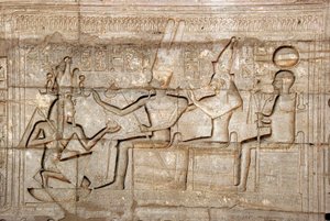 Relief Depicting Pharaoh Ramses II in Front of the Deities of the Theban Triad, Funeral Temple Dedicated to Pharaoh Ramses II, Ramasseum Site, Luxor, Egypt by Egyptian 19th Dynasty