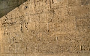 Egyptian Antiquity: View of the Reliefs Celebrating the Feats of Ramses II During the Battle of Qadesh in 1274 BC, Memorial Temple Dedicated to Pharaoh Ramses II, Site of Ramesseum in Luxor, Egypt by Egyptian 19th Dynasty