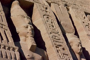 Heads of Ramesses II and Hathor/Nefertari on the Facade of the Temple of Queen Nefertari, New Kingdom, c.1250 BC (detail) by Egyptian 19th Dynasty
