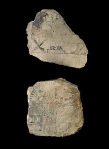 Limestone Ostraca with Humorous Sketches in Red and Black Ink