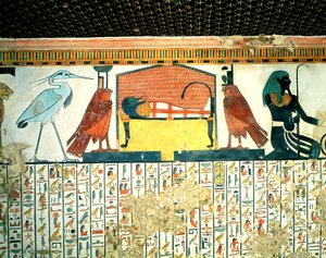 Mummy on a funeral bed with various divinities, from the Tomb of Nefertari, New Kingdom