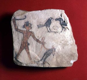Ostracon with a sketch depicting a boy driving an animal, probably a baboon, to pick fruit with two crows, New Kingdom, c.1303-1224 BC