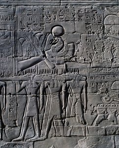 Ramesses II in front of sacred boat, relief, interior walls of Great Hypostyle Hall, Karnak temple complex