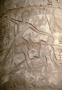 Ramses holding his Asian enemies by their hair while he is preparing to slay them, relief, Temple of Seti I, Kanais, Egypt, Egyptian civilization, New Kingdom, Dynasty XIX by Egyptian 19th Dynasty