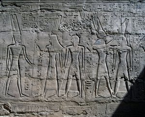 Scenes of offerings to gods, relief, interior walls of Great Hypostyle Hall, Karnak temple complex (Unesco World Heritage List) by Egyptian 19th Dynasty
