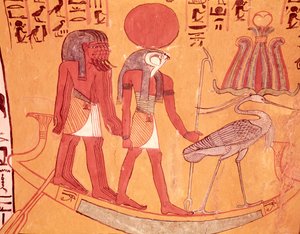 Solar Barque with Re-Horakhty, the Benu Bird and Four Other Deities, from the Tomb of Sennedjem, The Workers Village, New Kingdom