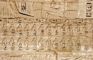 Egyptian antiquity: detail of the reliefs of the first pylon representing the emblems of the cities conquered by Pharaoh Ramses III. Funeral Temple of Ramses III