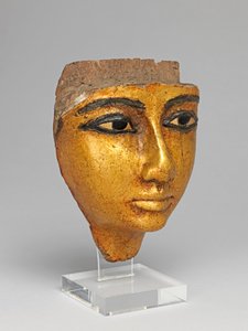 Face from a coffin, with eyes and eyebrows inlaid, gilded by Egyptian 20th Dynasty