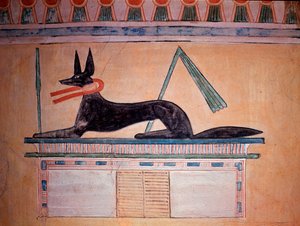 Jackal-headed Anubis, god of mummification. Wall of the Tomb of Prince Khaemweset II (painted limestone decoration, 20th Dynasty)