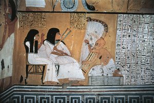 Mural painting of deceased Khai-Inherkha and wife watching blind harpist
