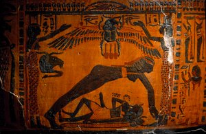 Egyptian antiquity: sarcophagus of painted wood by Boutehamon, royal scribe. From Thebes. 21st dynasty. Detail representing the creation of the world, Nout the goddess of Heaven separates from Geb, the god of Earth. Turin, Egyptian Museum