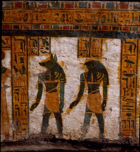 Egyptian antiquity: the funerary genies Douamoutef and Kebehsenouf. Decoration of the anthropoid sarcophagus of the scribe Butehamon, 21st dynasty. Museum of Egypt in Turin