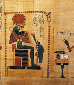 Mythological papyrus of Imenemsauf, Chief bearer of Amon. Detail: god Ra-Harakhti by Egyptian 22nd Dynasty