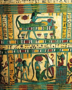 Plastered and painted wood depicting god Anubi protecting mummy of deceased and solar boat with god Ra, from Sarcophagus of Usai, Thebes