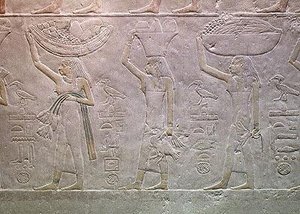 Women personifying deaths domains and bringing offerings, from the Mastaba of Akhutotep, Old Kingdom
