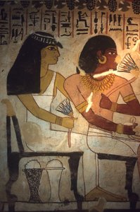 Ancient Egypt, Wall Painting, Tomb of Sennufer, Thebes, Sennufer and his sister Merit hold lotus flowers, Sennufer, Mayor of Thebes and overseer under Pharaoh Amenophis II