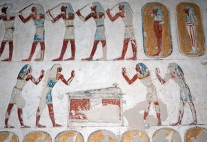 Armed men and figure in front of a sarcophagus, Valley of the Kings, Luxor by Egyptian Egyptian