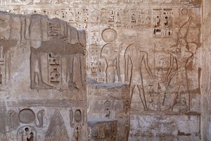 Ruler of Upper Egypt making an offering to Ra and Knoum, Temple of Horus, Edfu by Egyptian Egyptian