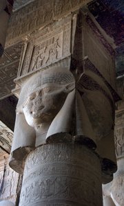 Egyptian Antiquity: Capital of Columns Decorated with the Representation of the Goddess Hathor. Temple of Hathor, Denderah, Egypt