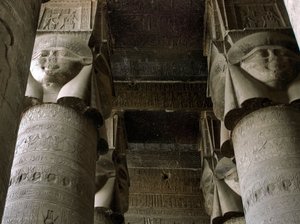 Egyptian Antiquity: Partial View of the Hypostyle Room with Columns Decorated with the Representation of the Goddess Hathor. Temple of Hathor, Denderah, Egypt by Egyptian Ptolemaic Period