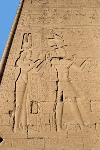 Egyptian antiquity: relief from the back wall of the temple dedicated to the goddess Hathor representing Cleopatra and Caesarion. Denderah, Egypt