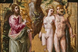 Portable altar back side: Adam and Eve facing the Eternal Father (detail)