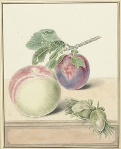 Peach, a Plum with Leaf, and a Few Nuts