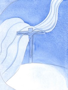 As Christ pours out His Blood in a New Covenant, a great malevolent wind sweeps over the Cross, threatening and destroying by Elizabeth Wang