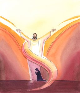 Christ is Really Present in the tabernacle, constantly praying for us, His arms out-stretched in prayer towards the Father above, Whom Christ sees dwelling in the glory which we cannot yet see.