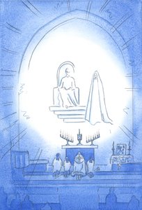 Christ is enthroned above us, in glory, at our Novena and Benediction, which is like a heavenly party. Our mother Mary stands joyfully close by by Elizabeth Wang