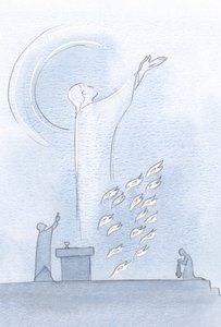 Christ stood in the sanctuary, His eyes lifted up to Heaven, flames of sacrifice near His garments by Elizabeth Wang