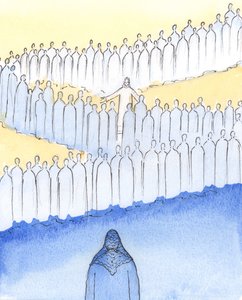 Christ was strolling amongst His Saints in Heaven, paying personal attention to each of them, with loving glances and gestures by Elizabeth Wang