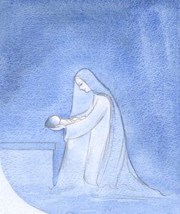 How simply did Mary, kneeling, place her baby down for sleep, unconcerned with thoughts of her own privileged role