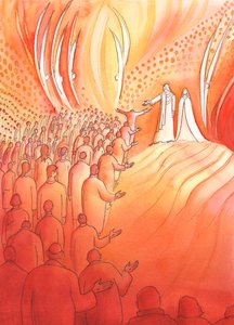 Jesus crucified waits at the gate of Heaven, with His mother Mary and the holy angels by Elizabeth Wang