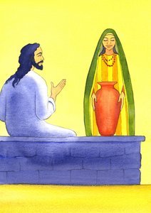 Jesus meets the Samaritan woman at the well by Elizabeth Wang