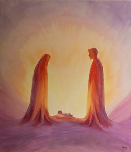 Mary and Joseph Look with Faith on the Child Jesus at His Nativity by Elizabeth Wang