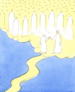 The blessed soul who has persevered to the end, in love of Christ and her neighbour, is led by the hand by Christ, to meet the Heavenly friends who are gathered to welcome her into their company by Elizabeth Wang