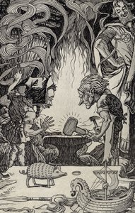 The Third Gift an Enormous Hammer (illustration from Myths from Many Lands, published 1912) by Elmer Boyd Smith