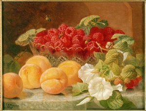 Bowl of raspberries and peaches