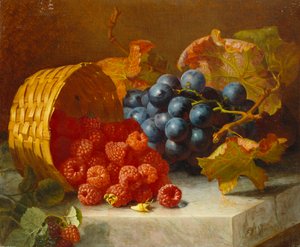 Still Life with Raspberries and a Bunch of Grapes on a Marble Ledge