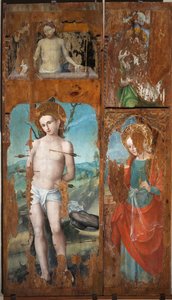 Saint Sebastian, Saint Lucy, Christ rising with the symbols of the Passion