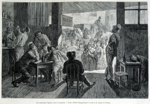 A group of women in front of a bar, forbidden to women, singing hymns to drunks against alcoholism by Emile Antoine Bayard