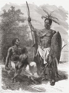 A native of Ougogo, Central Africa, in war dress by Emile Antoine Bayard