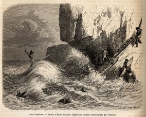 Hawaiian Games, at the precipice of Mokapuu, on the island of Oahu, the inhabitants distracted themselves by practicing their favorite game: surfing, engraving after Emile Bayard