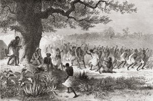 Henry Morton Stanley watching the Vouagogos tribe preparing for battle during his expedition in 1871, illustration from 